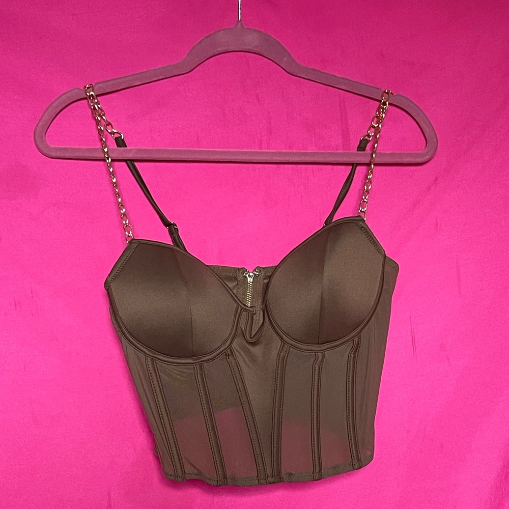 Brown Bustier Crop Top with Gold Chain Straps